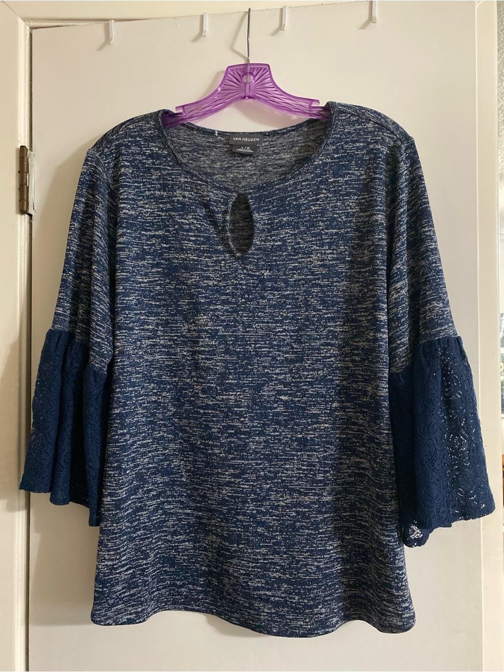 Van Heusen Heathered Navy Knit Top with Lace Bell Sleeves